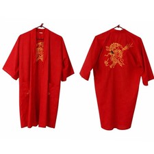 Red Gold Dragon Kimono Robe Samurai Goth Festival Duster
