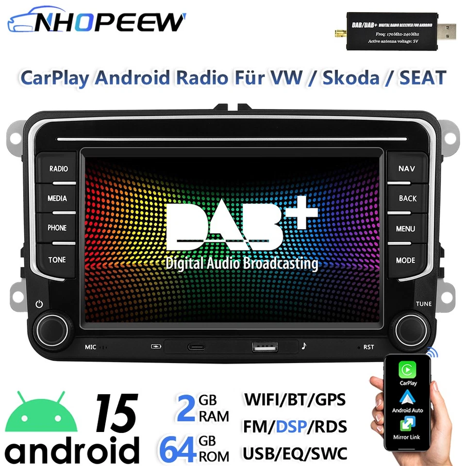 NHOPEEW Type-C Android Radio Carplay DAB + GPS Navigatore per VW Golf 5 6 Polo T5 Touran Passat
