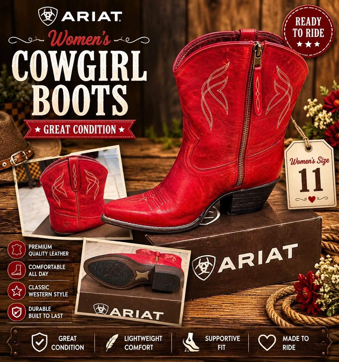 Ariat Red Western Boots for Women for sale - eBay
