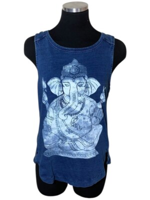 Lucky Brand Top Women S Boho Blue SleevelessChic Elephant Ganesha Zen Zip Back