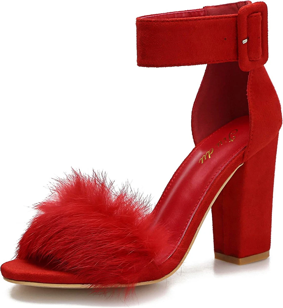 Faux fur top sandal heels