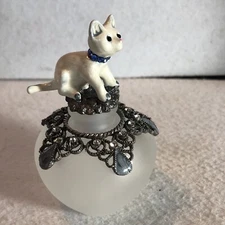 Frosted Glass Refillable Perfume Bottle Atop with Enamel Kitten-Rhinestones