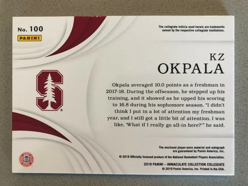 2019-20 Immaculate Collegiate KZ Okpala Rookie Patch Auto Stanford # 5/99 RPA - Image 2 of 2