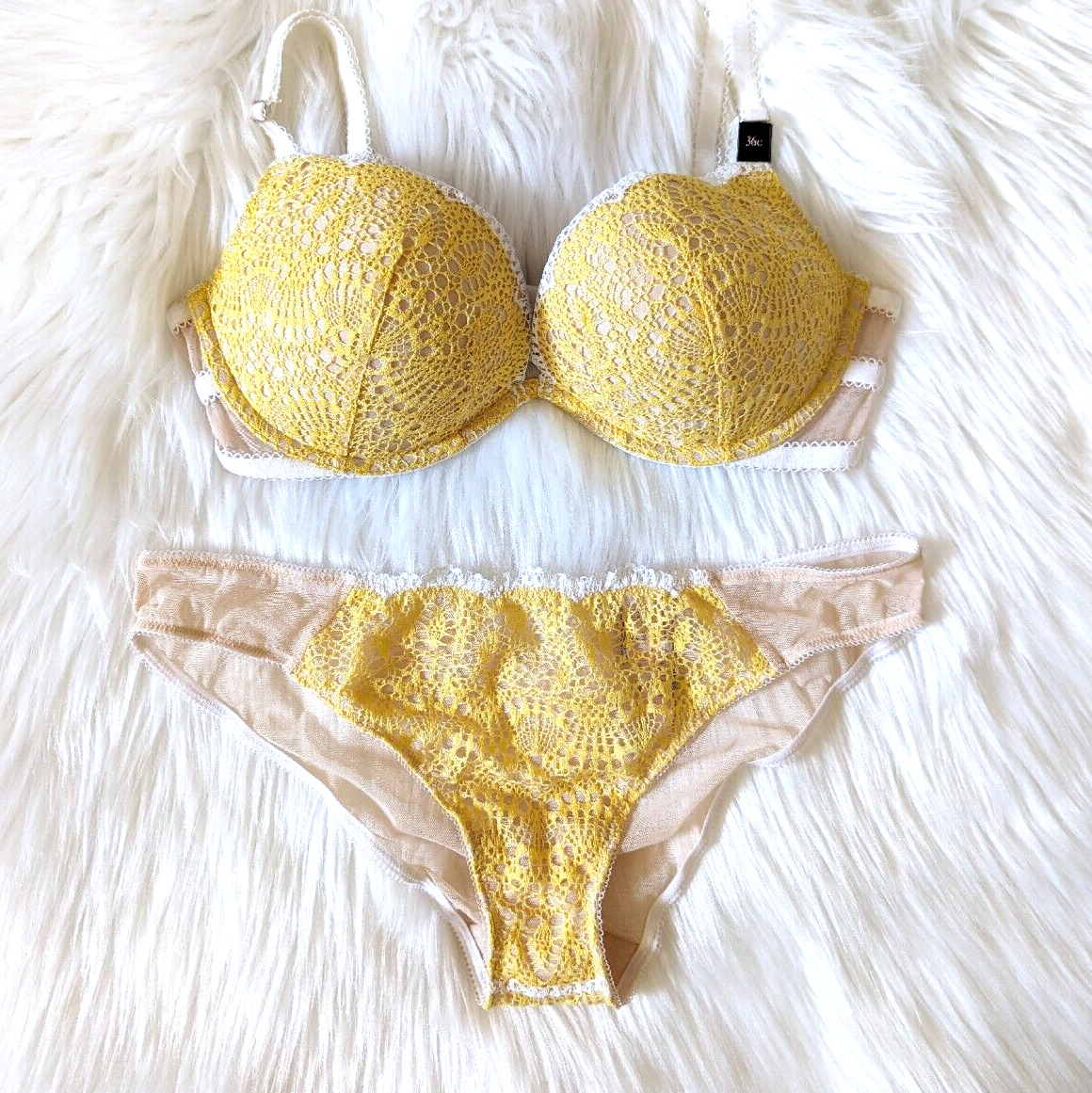 ❤ NEW! Victoria's Secret Yellow Crochet Lace Padded Demi Bra Panty Set 36C/L  ❤