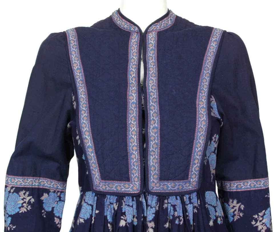 Vestido Mágico Azul Floral Indio Años 70 Estampado en Bloque Acolchado Exótico India S/M/480 Foto 3 de 4
