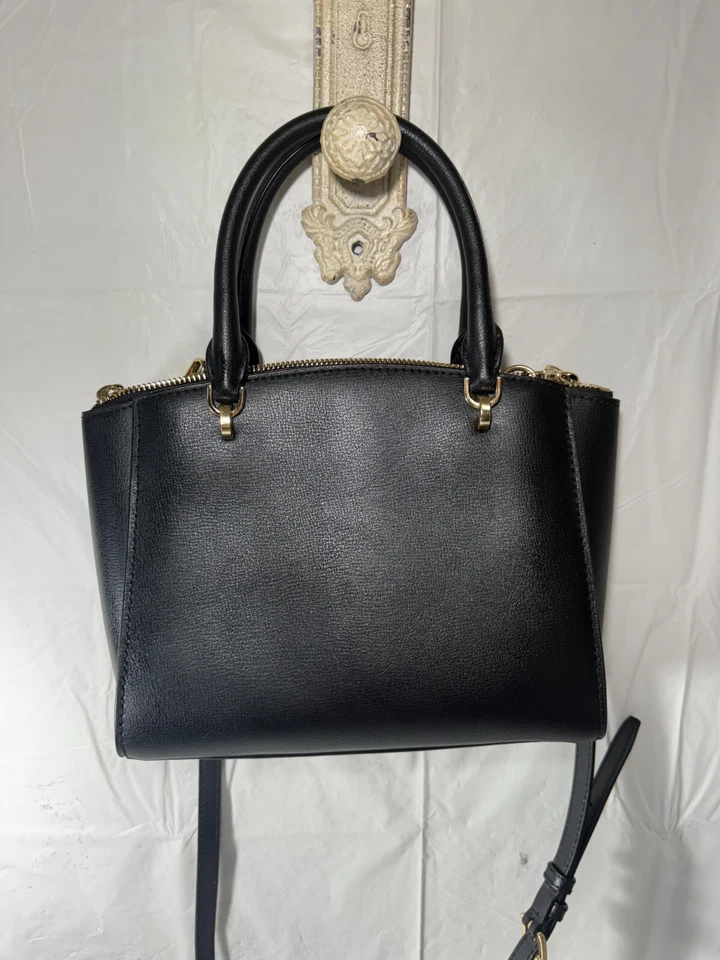 Michael Kors Ellis Satchel Black Leather w/Gold Stud FLORAL Design Handbag - Image 3 of 4