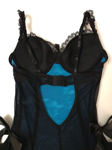 Pure Beauty Rene Rofe Bustier Top Sz Small Coquette Black Floral Lace Blue Bows - Picture 10 of 19