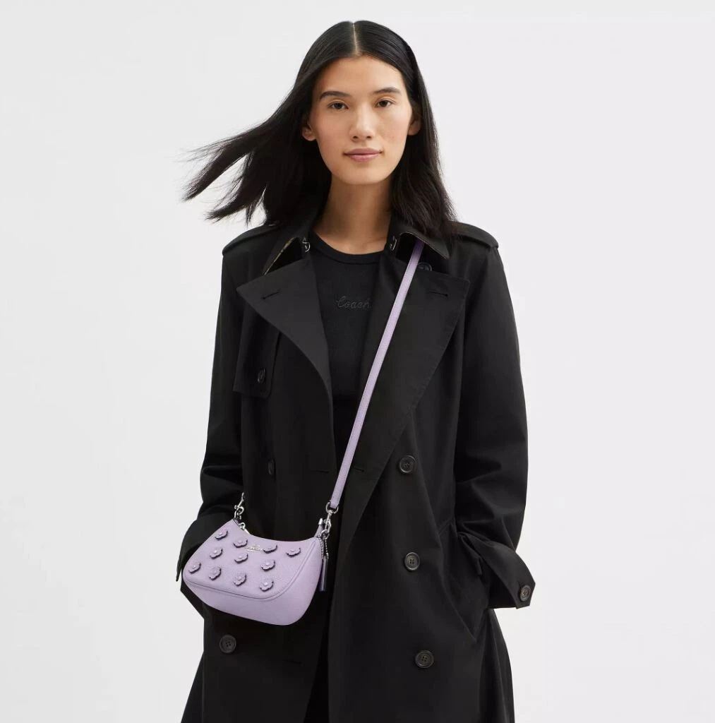 Borsa a tracolla Coach CAJ98 Teri Mini nuova con etichetta con applicazione floreale argento lilla