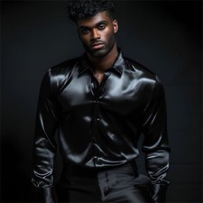 Men's Shiny Satin Dress Shirts Long Sleeve Button Down Silk Shirt Autumn