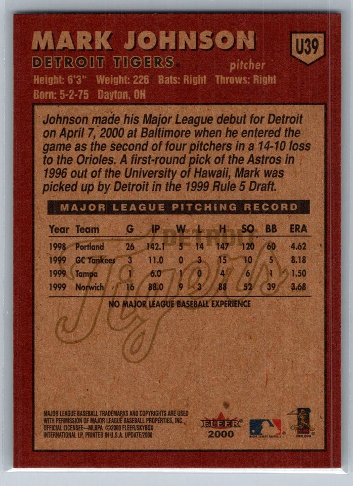 2000 FLEER TRADITION UPDATE BASEBALL U39 MARK JOHNSON TIGERS - Image 2 of 2