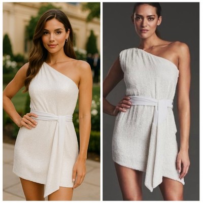 Retrofete  Ella One Shoulder Sequin Mini Dress Tie Waist White Moonglow M NWT