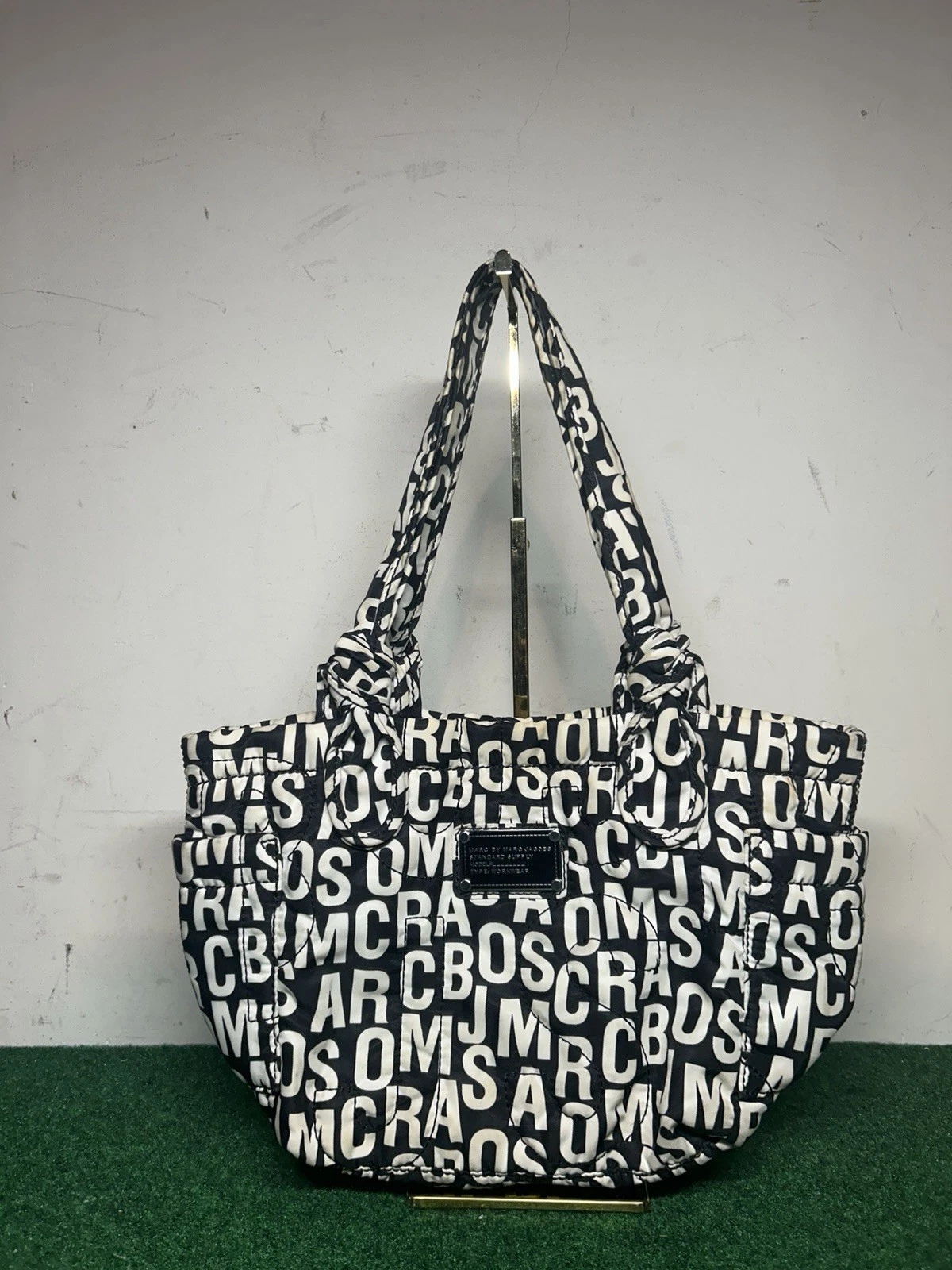 Marc By Marc Jacobs Vintage Quilted Logo Nylon Tote Handbag XL Black & White