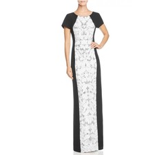 JS Collections Black & White Column Evening Gown Lace Short Sleeve Dress Size 4