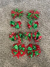 Set of 8 Girls Red/Green w/White Polka Dots Hair Bows, Alligator Clips Christmas
