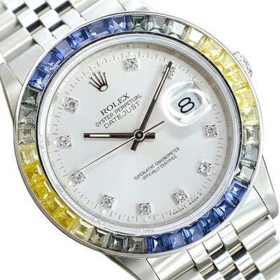 Rolex Mens Datejust Watch 16234 Steel Silver Diamond Dial Rainbow Bezel 36mm