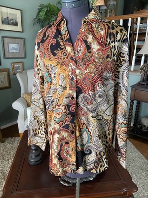 Chico's No Iron Chico's Size 1 Sateen Caroline Paisley Leopard Print Shirt NWOT