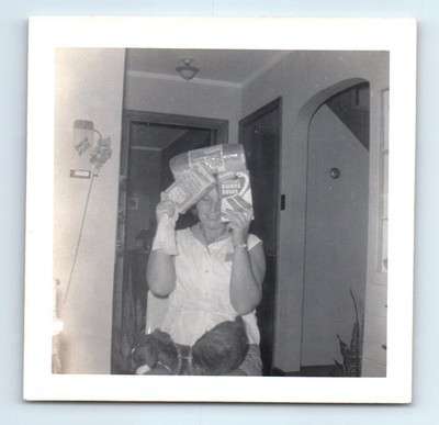 Old Vintage Square Photo FUNNY HUMOROUS SOLO WOMAN CAKE MIX BREAD ON HEAD