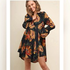 UMGEE Women's Sundress S Regular Navy Floral V-Neck Long Bell Sleeve Short
