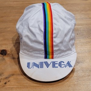 Vintage Univega Cycling Cap Hat White Rainbow Stripe World Champion Retro 80s