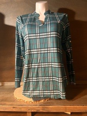 Halife GREEN Plaid LONG Roll Tab V Neck Top Womens Size L Stretch POLY SPANDEX