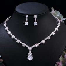 White CZ Round Square Party Earrings and Necklace Jewelry Set for Brides Wedding