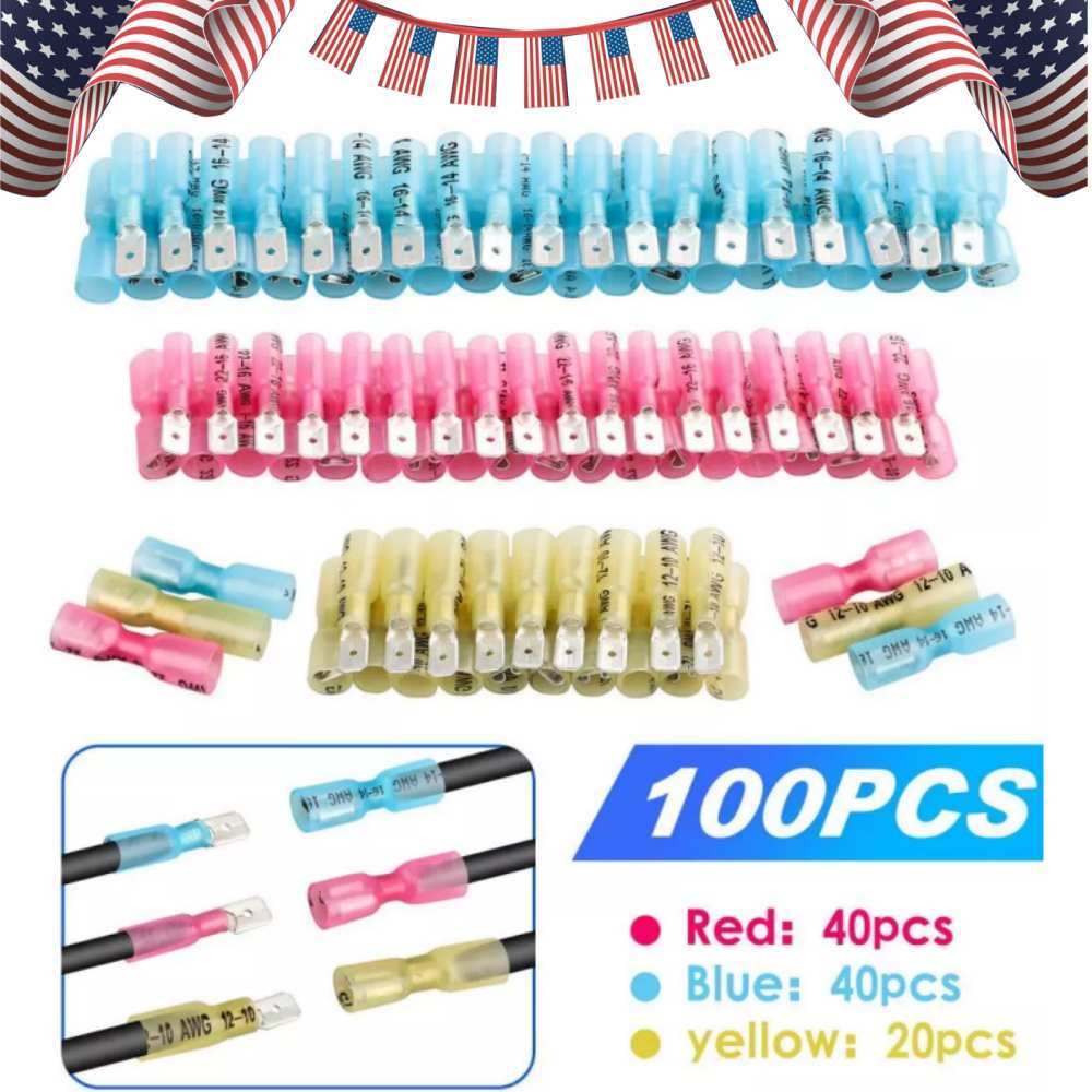 100PCS Electrical Heat Shrink Terminals Male & Female Spade Wire Connectors Set
