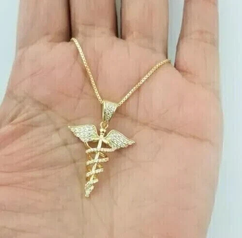HERMÈS Ciondolo tondo simulato diamante caduceo simbolo medico placcato oro giallo 14 carati
