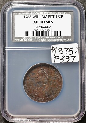 1766 William Pitt 1/2P.  In Plastic Holder.  X-195.  A.U. Details.  f337