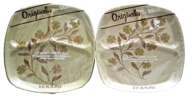 16 Vtg 1970s Dixie Divided Plates Floral Gold Brown Speckled Plastic Foam