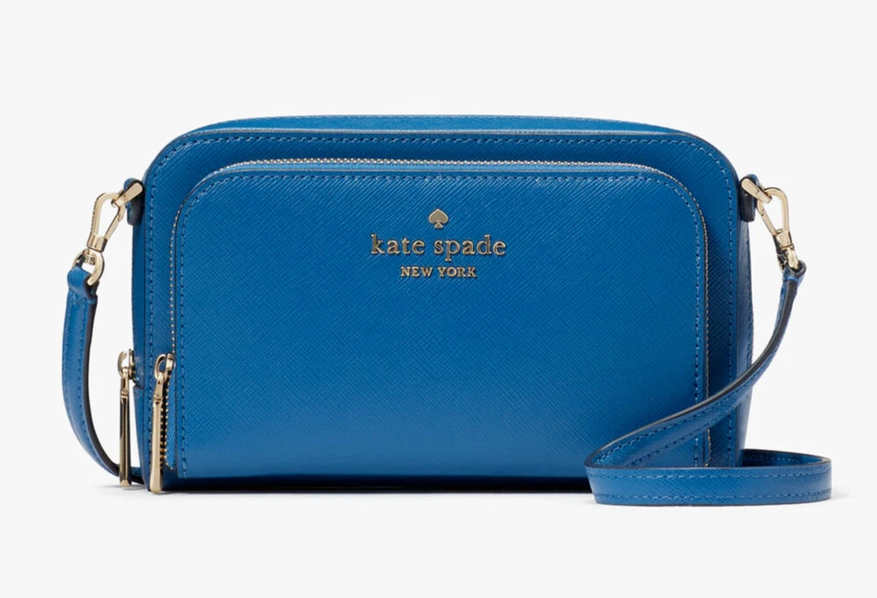 Bandolera Kate Spade Doble Cremallera Alrededor Cuero Azul Zafiro WLR00410 NUEVA CON ETIQUETAS $259