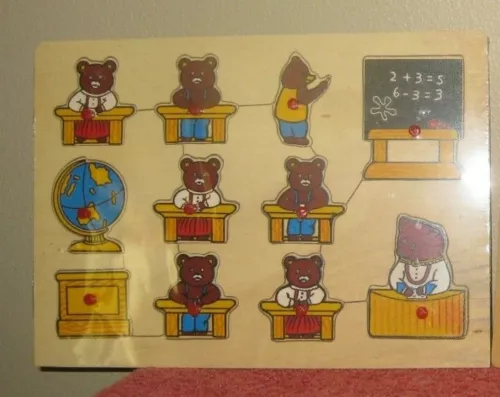 VINTAGE CHILDRENS WOODEN PUZZLE, BEARS,  NEW IN ORIG PACKAGING - Indonesia