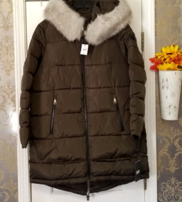 DKNY WOMEN'S MIDI PUFFER, FAUX FUR TRIM HOODED PARKA COAT DL2MP400 SZ LARGE NWT