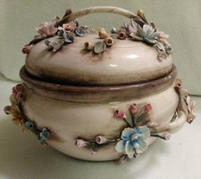 Cuenco cubierto de porcelana italiana Capodimonte vintage - 6" de alto x 8" de ancho