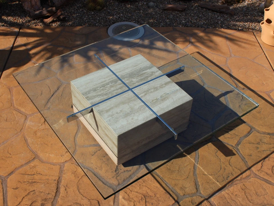 MESA DE CENTRO ARTEDI ITALIANA DE VIDRIO TRAVERTINO VINTAGE MEDIADOS DE SIGLO MODERNA ITALIA Foto 2 de 4