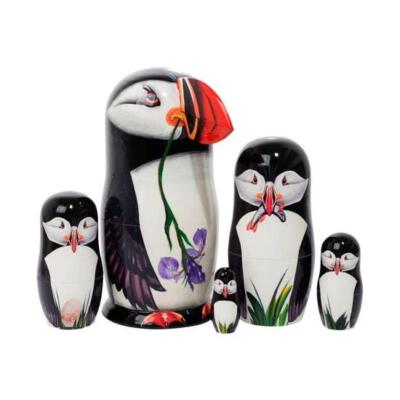 Puffin w 3D Beak Bird Russian Wooden Nesting Doll Set 5 pc Hand Painted