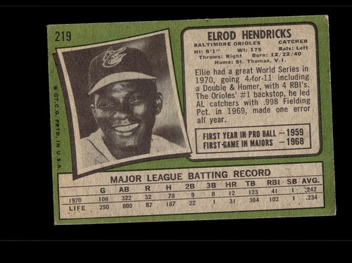 Baltimore Orioles Elrod Hendricks #219 Topps Baseball Near Mint or Better top - Picture 2 of 2