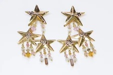 Lunch at the Ritz 1987 Long Gold Plated Pink Black Enamel Star Earrings