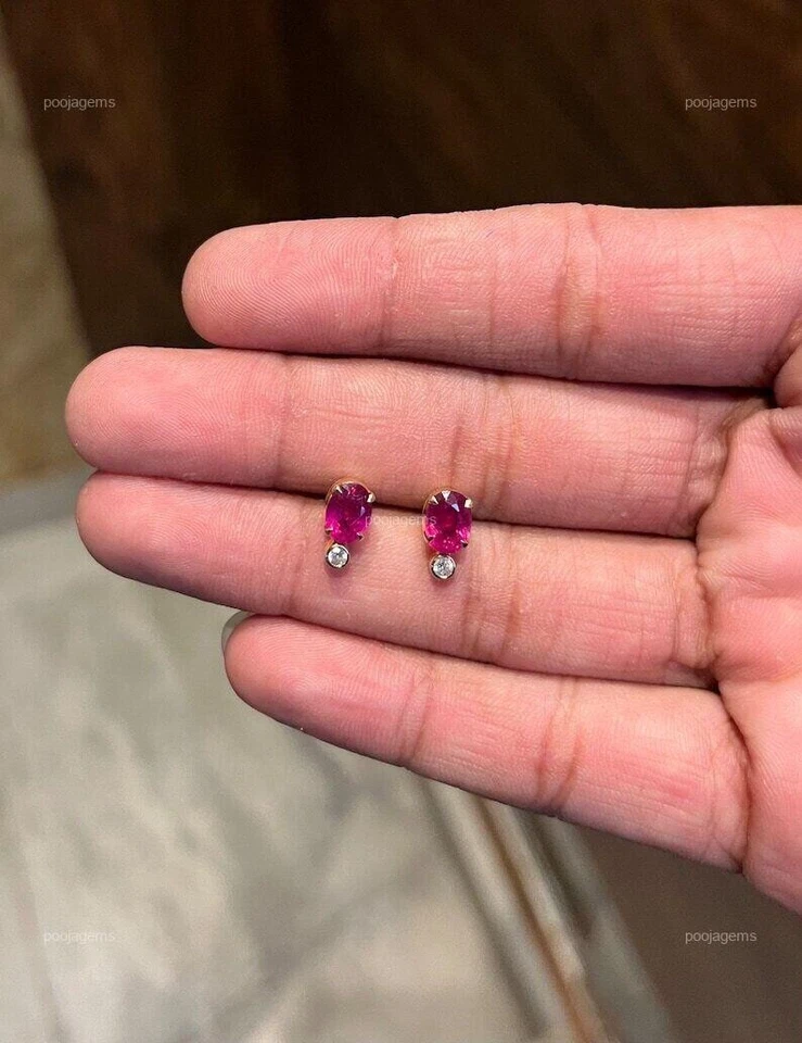 18 Karat Rubin & Natürlicher Diamant Hochzeit Zacken Ohrringe 18k Massiv - Bild 4 von 4