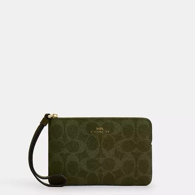 Coach Corner Zip Wristlet In Signature Canvas CAQ75 Gold/Olive | eBay