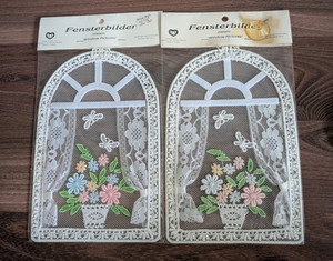 Vintage Fensterbilder Lace Window Pictures Floral Theme Embroidery 2 piece