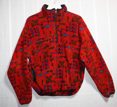Vintage Aztec Pullover Fleece Sweater Jacket Size L Red by Perigree UNISEX 