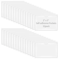 32 Pack Self-Adhesive Index Card Pockets for 3" x 5" Card, Clear Plastic Labels