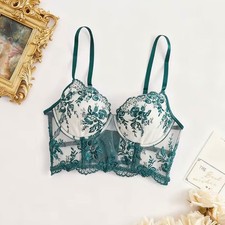 Green White Floral Lace Longline Underwire Bra Bustier Corset Lingerie Top