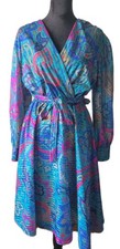 Vintage Ajax I Love New York Colorful Teal Design Paisley Tie Midi Dress