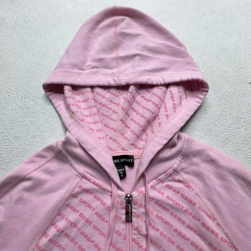 BEBE SPORT Rosa Manga Corta Cremallera Sudadera con Capucha Para Mujer Mediana Hecha en EE. UU. Retro Y2K Foto 3 de 4