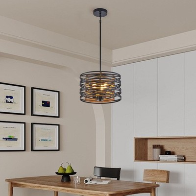 13'' Industrial 3-Light Black and Walnut Metal Cage Chandelier with Wood Accents