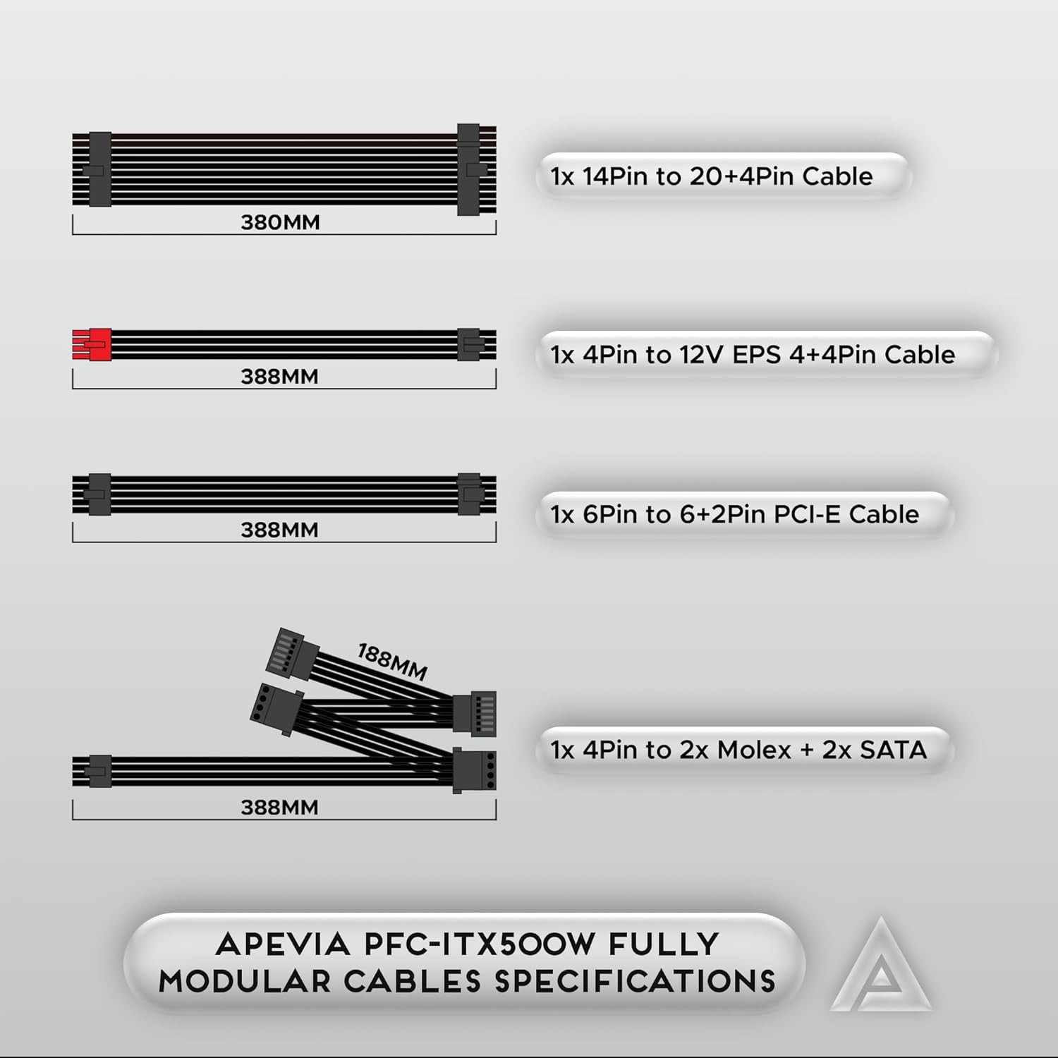Apevia ITX-PFC500W Mini Itx Flex ATX 1U 500W Fully Modular , Full 6