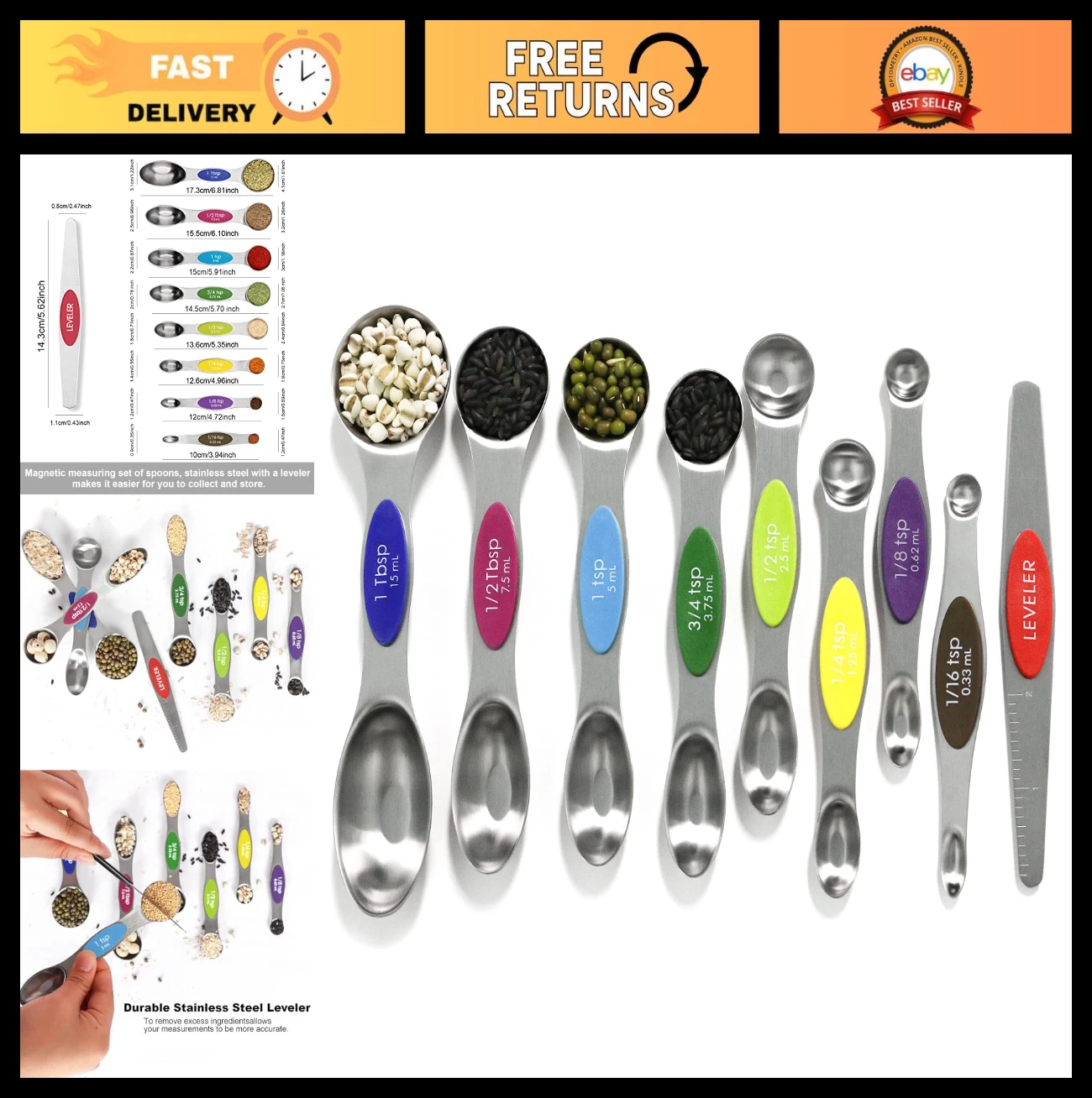 Magnetic Stainless Steel Measuring Spoons & Cups Set, 9pcs Colorful Kitchen Gadg