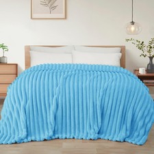 Twin Size Flannel Fleece Blanket Soft Striped Jacquard Blue 60x80 Inch