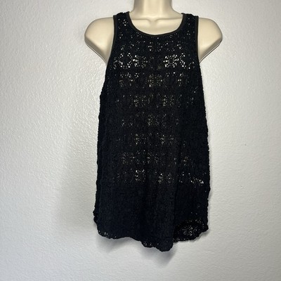 Lucky Brand Women s Tank Top M Black Crocheted Beach Boho Hippie Stretch